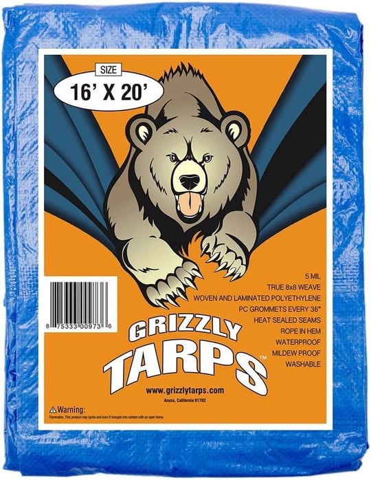 B-Air tarafından Grizzly Tarps 16 x 20 Büyük Çok Amaçlı Su Geçirmez Ağır Hizmet Tipi Poli Tarp Grometli Her 36 inç, 8x8 Dokuma, 5 Mil Kalınlığı, - Seçenekler: 15X15, 16X20, 6 x 8, 12X16, 20x30