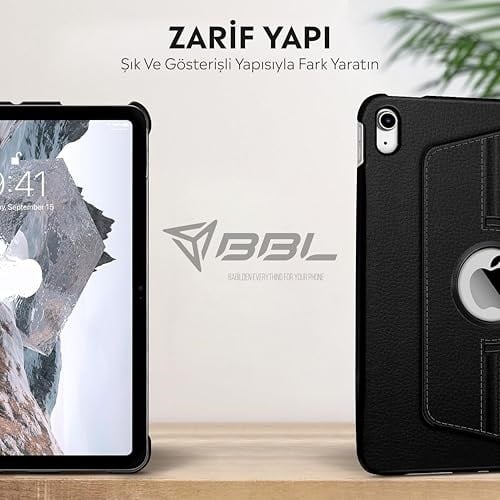 Babilden APPLE 11 inç iPad (A16) / iPad Air 10.9 inç/iPad 10.Nesil 10.9 Wi-Fi Yatay ve Dikey Standlı 360 Derece Döner Tablet Kılıfı Siyah