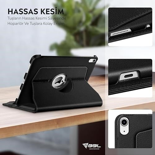 Babilden APPLE 11 inç iPad (A16) / iPad Air 10.9 inç/iPad 10.Nesil 10.9 Wi-Fi Yatay ve Dikey Standlı 360 Derece Döner Tablet Kılıfı Siyah