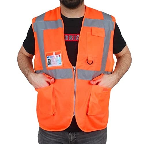 Badem10 Mühendis Tipi İkaz Yeleği Cepli Fosforlu Turuncu Standart Beden
