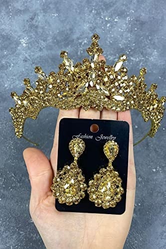 Bal Rengi Annaber Taşlı Kına Gelin Tacı Ve Damla Taşlı Küpe Takımı