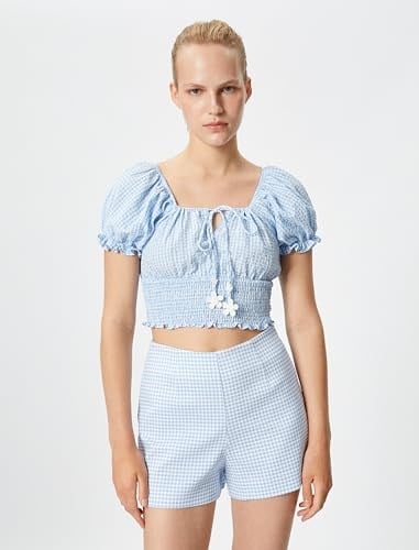 Balon Kollu Crop Poplin Bluz