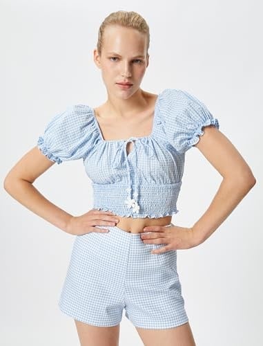 Balon Kollu Crop Poplin Bluz