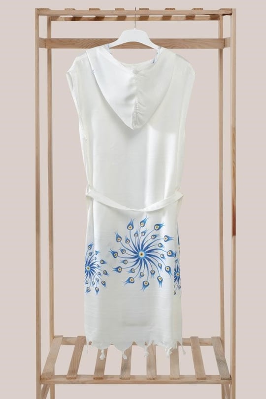 Bambu Kapüşonlu Peştemal Bornoz Plaj Elbisesi açık mavi L/XL