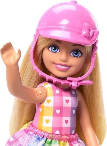 Barbie Chelsea™ Bebek ve Midilli Barbie Chelsea bebek ve oyuncak at seti, kask aksesuarı dahildir, bebeğin dizleri midilliye binmek için bükülebilir HTK29
