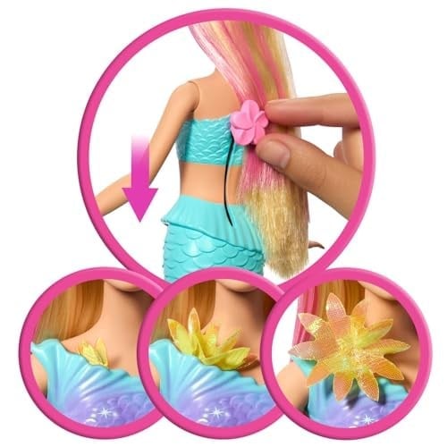 Barbie deniz kızı oyuncakları, Sürpriz çiçek açma özelliğiyle renk geçişli kuyruğu, incili saç bandı ve pembe röfleli uzun sarı saçları olan, JDM72