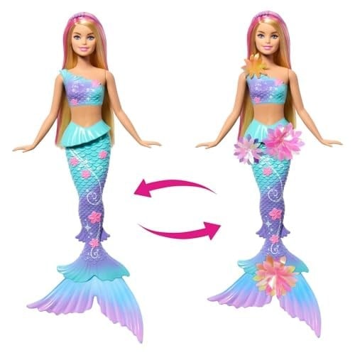 Barbie deniz kızı oyuncakları, Sürpriz çiçek açma özelliğiyle renk geçişli kuyruğu, incili saç bandı ve pembe röfleli uzun sarı saçları olan, JDM72