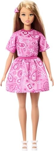 Barbie Fashionistas Style Pop No. 249 sarı saçlı, pembe şal etek, pembe şal desenli gömlek, platform tabanlı beyaz sandalet, JJN62