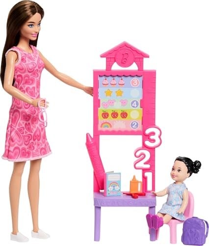 Barbie Kariyer Bebekleri öğretmen oyun seti, çıkarılabilir elbise giyen bebek, küçük çocuk figürü, sınıf tahtası ve aksesuarlar, JMK16