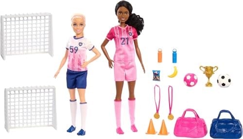 Barbie kariyer bebekleri ve 15 aksesuar, Barbie Brooklyn ile sarı saçlı ve minyon bebek, 2 kale, 2 top ve daha fazlasıyla Futbolcu Bebekler oyun seti, HRG88