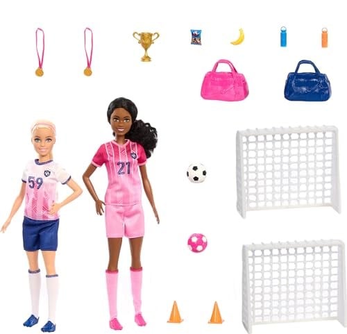Barbie kariyer bebekleri ve 15 aksesuar, Barbie Brooklyn ile sarı saçlı ve minyon bebek, 2 kale, 2 top ve daha fazlasıyla Futbolcu Bebekler oyun seti, HRG88