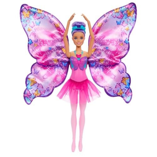 Barbie Kelebek Dansçı Bebek, Kanatlarını açarak kelebeğe dönüşen 2si 1 arada mor saçlı Barbie Kelebek Dansçı bebek, saç aksesuarı, çıkarılabilen tütü, HXJ10