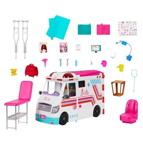 Barbie oyuncakları, ışıklı, sesli ve 20den fazla aksesuar içeren dönüşen ambulans ve klinik oyun seti, Barbienin Yeni Ambulansı, HKT79
