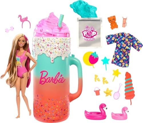Barbie Pop Reveal bebek ve aksesuarları; kokulu bebek, yumuşacık evcil hayvan, renk değişimi özelliği ve şekillendirilebilir kum gibi 15ten fazla sürpriz içeren Sürprizli Bardak Oyun Seti, HRK57