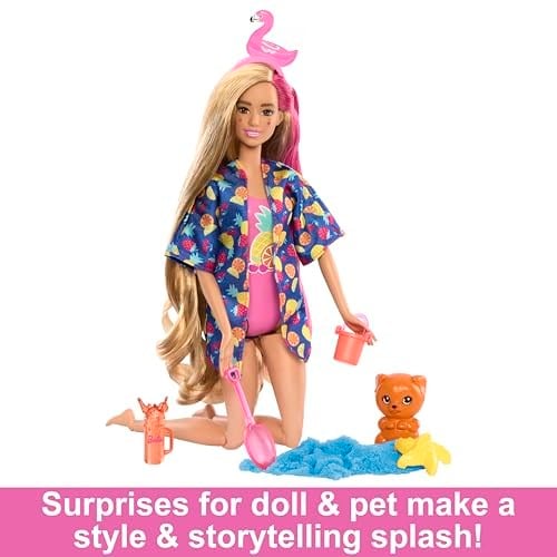 Barbie Pop Reveal bebek ve aksesuarları; kokulu bebek, yumuşacık evcil hayvan, renk değişimi özelliği ve şekillendirilebilir kum gibi 15ten fazla sürpriz içeren Sürprizli Bardak Oyun Seti, HRK57
