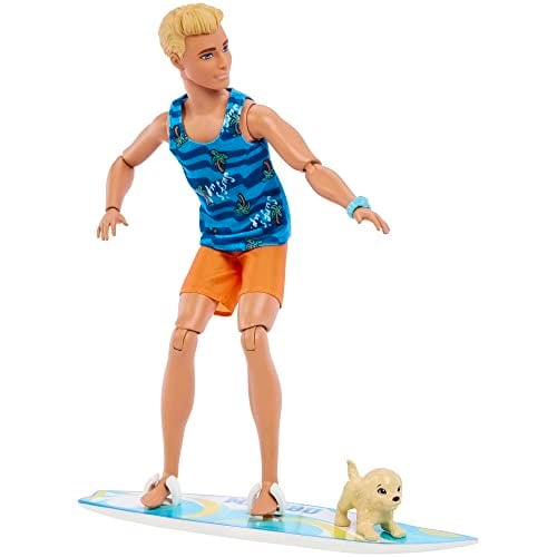 Barbie Sörf tahtası ile Ken bebek, Bükülebilir Sarışın Barbie, Havlu gibi Temaya Uygun Aksesuarlarıyla Ken Plaj Bebeği, HPT50