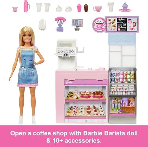 Barbienin Kahve Dükkanı Barbienin Kahve Dükkanı oyun seti sarışın barista Barbie, kahve makinesi ve 10dan fazla aksesuar HXN94