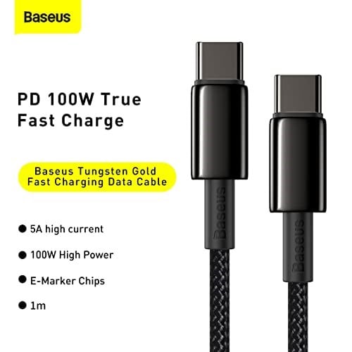 Baseus Tungsten Gold Hızlı Şarj Kablosu Type-C to Type-C 100W, 1m, Siyah