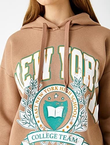 Baskılı Kapüşonlu Kolej Sweatshirt İçi Polarlı