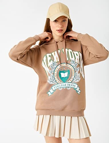 Baskılı Kapüşonlu Kolej Sweatshirt İçi Polarlı
