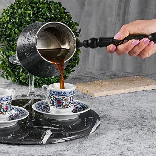 BCS 500 ml X-Large Bakır Türk Yunan Arap Kahve Demliği Ahşap Saplı (6 porsiyon) Cezve Briki Ibrik Ocak Üstü Kahve Makinesi (Ahşap Kaşık Dahil)