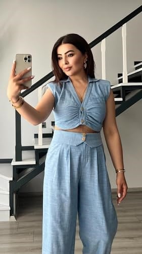 Bebe Mavi Omuz Vatka Detaylı Crop Bluz - Pantolon Takım - Bedenler: S, M