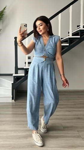 Bebe Mavi Omuz Vatka Detaylı Crop Bluz - Pantolon Takım - Bedenler: S, M
