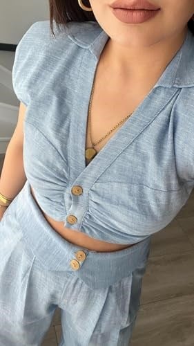 Bebe Mavi Omuz Vatka Detaylı Crop Bluz - Pantolon Takım - Bedenler: S, M