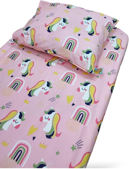 Bebek Özel%100 Pamuk Bebek ve Çocuk Lastikli Çarşaf ve Yastık Kılıfı Seti, 90x180 cm, Pembe, Unicorn Desen