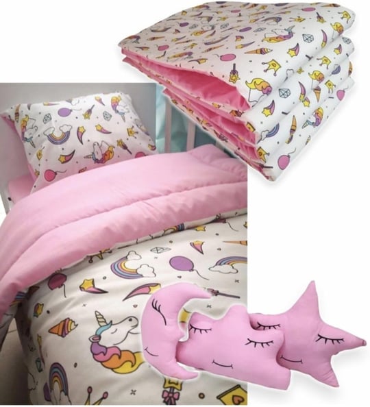 Bebek Özel%100 Pamuklu 80x180 Montessori Çocuk Uyku Seti, Beyaz Unicorn Pembe, 10 Parça, Yorganlı