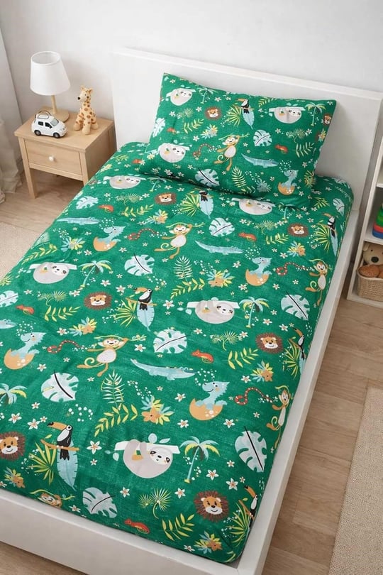 Bebek Özel%100 Pamuklu Bebek Çocuk Lastikli Çarşaf ve Yastık Kılıfı 70x170 cm, Yeni Yeşil Orman