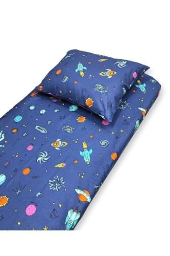 Bebek Özel%100 Pamuklu Bebek Çocuk Lastikli Çarşaf ve Yastık Kılıfı Seti, 50x90 cm, Lacivert Uzay