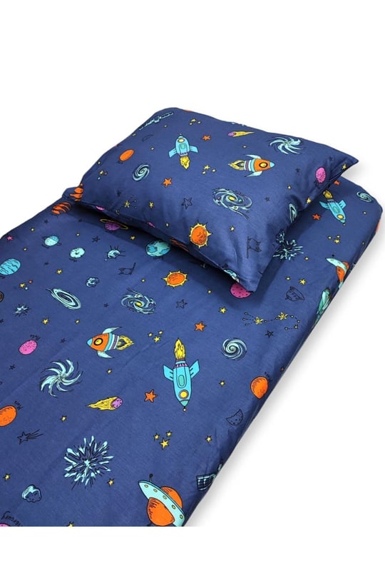 Bebek Özel%100 Pamuklu Bebek Çocuk Lastikli Çarşaf ve Yastık Kılıfı Seti, 50x90 cm, Lacivert Uzay