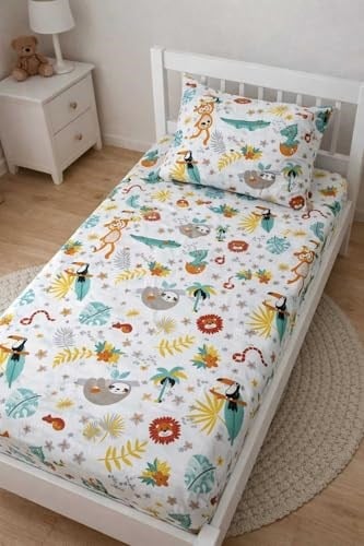 Bebek Özel%100 Pamuklu Bebek Çocuk Lastikli Çarşaf ve Yastık Kılıfı 70x100 cm, Yeni Beyaz Orman