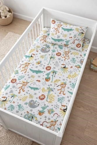 Bebek Özel%100 Pamuklu Bebek Çocuk Lastikli Çarşaf ve Yastık Kılıfı 70x180 cm, Yeni Beyaz Orman