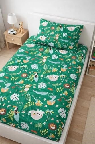 Bebek Özel%100 Pamuklu Bebek Çocuk Lastikli Çarşaf ve Yastık Kılıfı 70x170 cm, Yeni Yeşil Orman