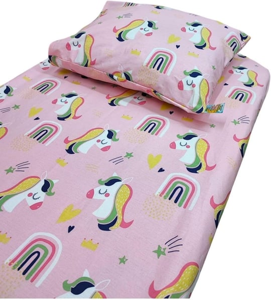 Bebek Özel%100 Pamuklu Bebek ve Çocuk Lastikli Çarşaf ve Yastık Kılıfı 90x200 cm, Pembe Unicorn