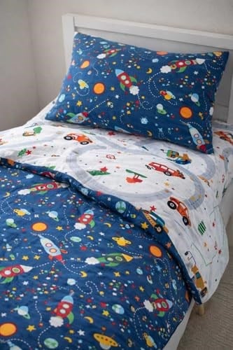 Bebek Özel%100 Pamuklu Bebek/Çocuk Beşik Yatak Takımı 80x130 cm, Trafik ve Mavi Galaksi Desenli, Çarşaf Yorgan Yastık Seti