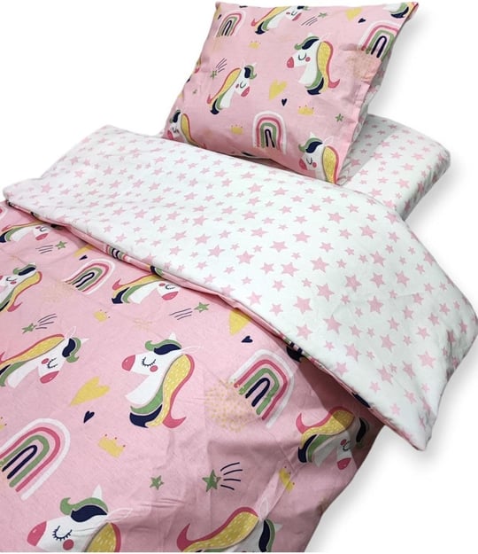 Bebek Özel%100 Pamuklu Çocuk Beşik Yatak Takımı, 70x110 cm, Pembe Unicorn Desenli ve Pembe Yıldızlı