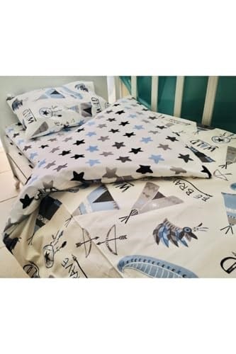 Bebek Özel%100 Pamuklu Çocuk Yatak Seti, 100x150 cm, Mavi Kamp Çadır Desenli, Yorganlı