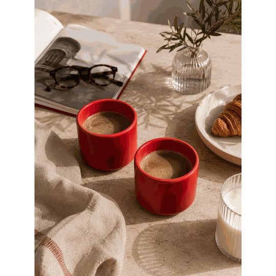 Beige & Stone 2li Set Kırmızı Seramik Kupa 175 Ml Minimal Kahve Kupası Çay Fincanı Espresso Ve Türk Kahvesi Bardağı