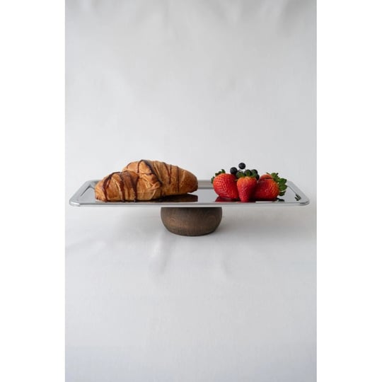 Beige & Stone Ahşap Tabanlı 33 Cm Dikdörtgen Baton Metal Dekoratif Tatlı Pasta Kek Sunum/servis Stand Tabak