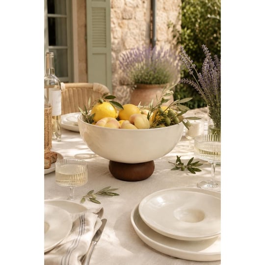 Beige & Stone Ayaklı Seramik Salata Kasesi 19 Cm Ahşap Tabanlı Meyvelik Ve Servis - Sunum Kasesi