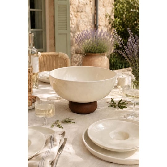 Beige & Stone Ayaklı Seramik Salata Kasesi 19 Cm Ahşap Tabanlı Meyvelik Ve Servis - Sunum Kasesi