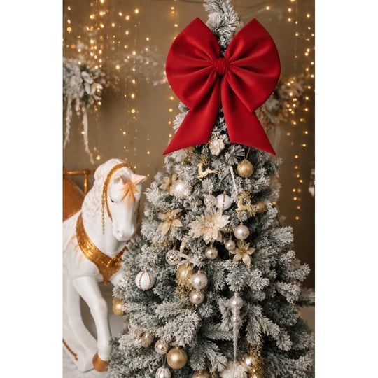 Beige & Stone Kurdele Orta Yıllbaşı Ağaç Süs Noel Kırmızı Fiyonk 70 cm