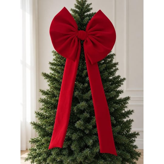 Beige & Stone Kurdele Yıllbaşı Ağaç Süs Noel Dev Kırmızı Fiyonk 60x120 Cm