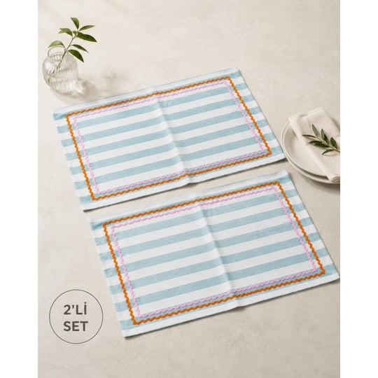 Beige & Stone Mavi Çizgili Pembe - Turuncu Biyeli Amerikan Servisi 2li Set 33x44 Cm Sofra Ve Masa Düzeni Dekoru