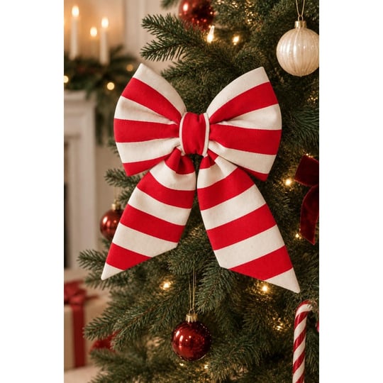 Beige & Stone Mini Boy Kırmızı Çizgili Desenli Kumaş Fiyonk Yılbaşı Çam Ağacı Süsü Dekoratif Kurdele Noel Ve Yeni Yıl Süsü 16 Cm