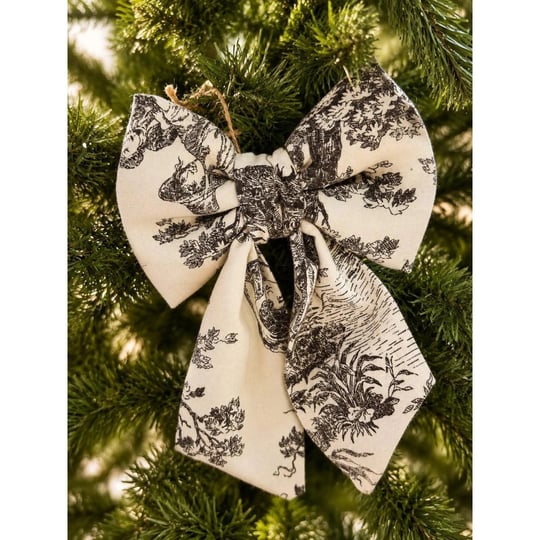 Beige & Stone Mini Boy Siyah Desenli Kumaş Fiyonk Yılbaşı Çam Ağacı Süsü Dekoratif Kurdele Noel Ve Yeni Yıl Süsü 16 Cm