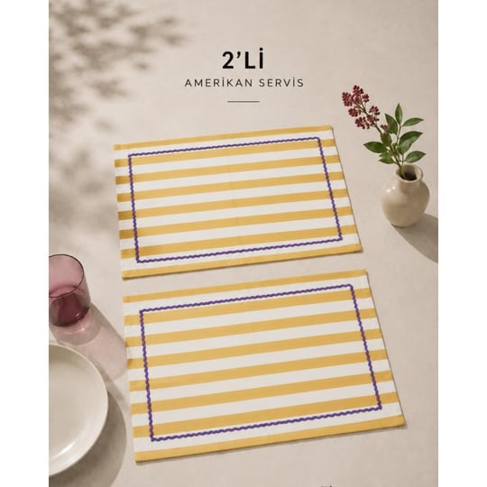 Beige & Stone Sarı Çizgili Mor Biyeli Amerikan Servisi 2li Set 33x44 Cm Sofra Ve Masa Düzeni Dekoru